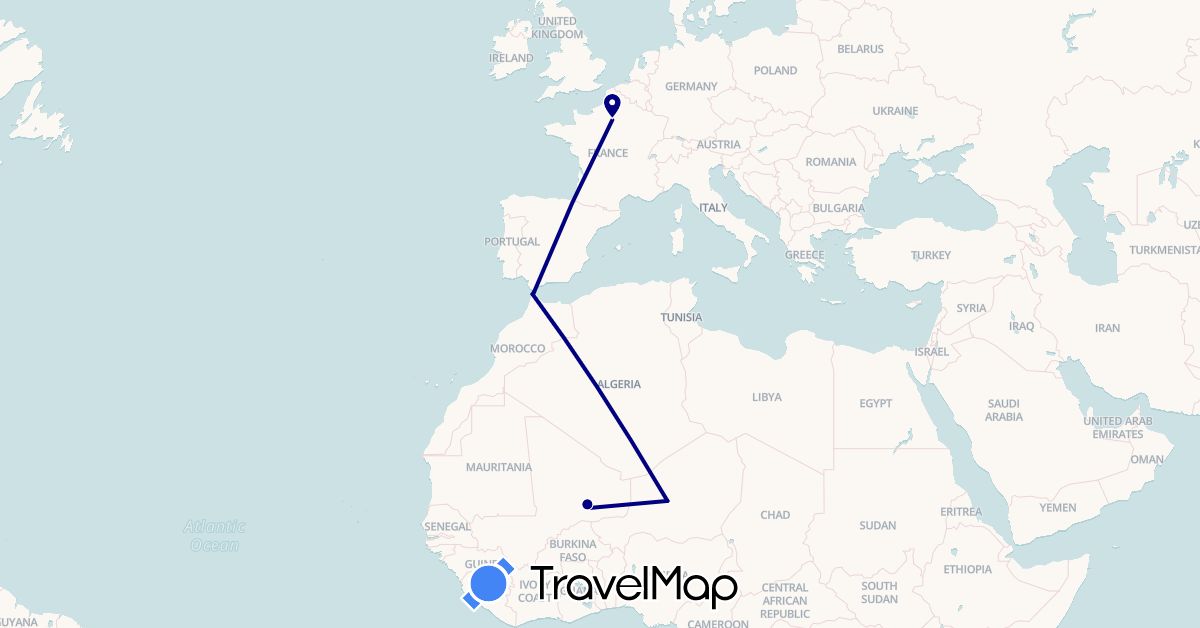 TravelMap itinerary: driving in Spain, France, Morocco, Mali, Niger (Africa, Europe)